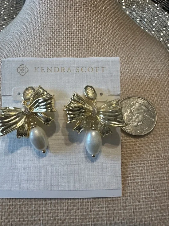 Kendra Scott Gold Bow Earrings with White Pearl Drops - Picture 2 of 3